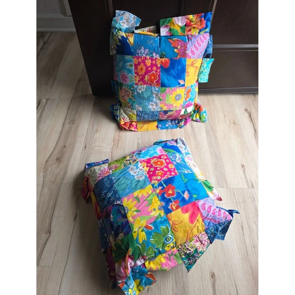 L N T Tab Ruffle Patchwork Reversible Accent Throw Pillow Cover 16x16 Set Of 2